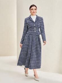 Modelyn Plaid Print Belted Coat & Dress - Navy Blue - View 5