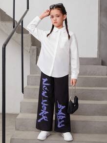 Tween Girl Letter Graphic Wide Leg Pants - Black - View 5
