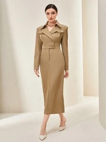 Mulvari Vestido de cuello con solapa con abertura trasera - Caqui - Ver 2