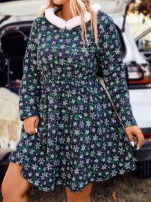 SHEIN Clasi Plus Plaid & Snowflake Print Hooded Dress - Green - View 3