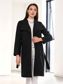 EURMUSE Waterfall Collar Dual Pocket Belted Overcoat - Black - View 5