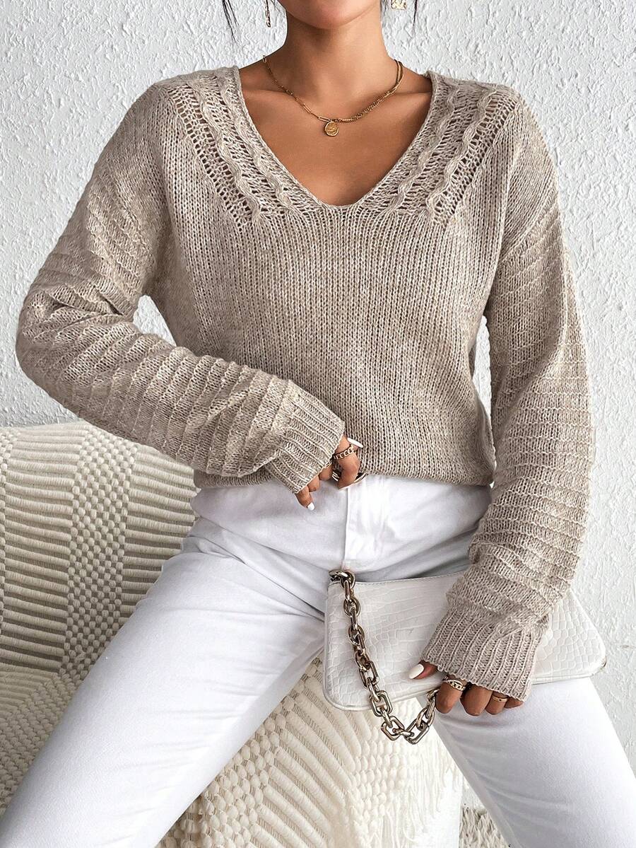 SHEIN Frenchy Solid Drop Shoulder Cable Knit V Neck Sweater - Apricot - View 1