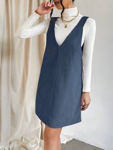 SHEIN EZwear Chất rắn Đầm Tổng thể Không có áo len - Màu xanh lam - Xem 4