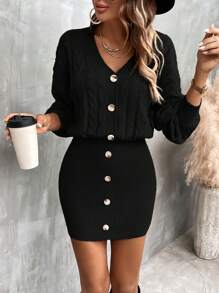 SHEIN Clasi 麻花編織落肩袖前排扣麻花編織毛衣洋裝 - 黑色 - 查看 3