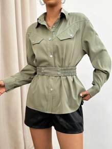 SHEIN Essnce 翻蓋細節落肩袖腰帶襯衫 - 綠色 - 查看 4