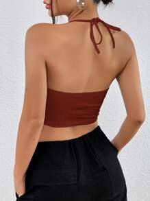 SHEIN EZwear 夏季服裝,實心露背短款領口上衣 - 酒紅色 - 查看 2