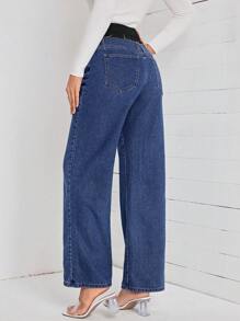 SHEIN LUNE Tương phản Eo quần ống rộng Quần jean - Rửa tối - Xem 2