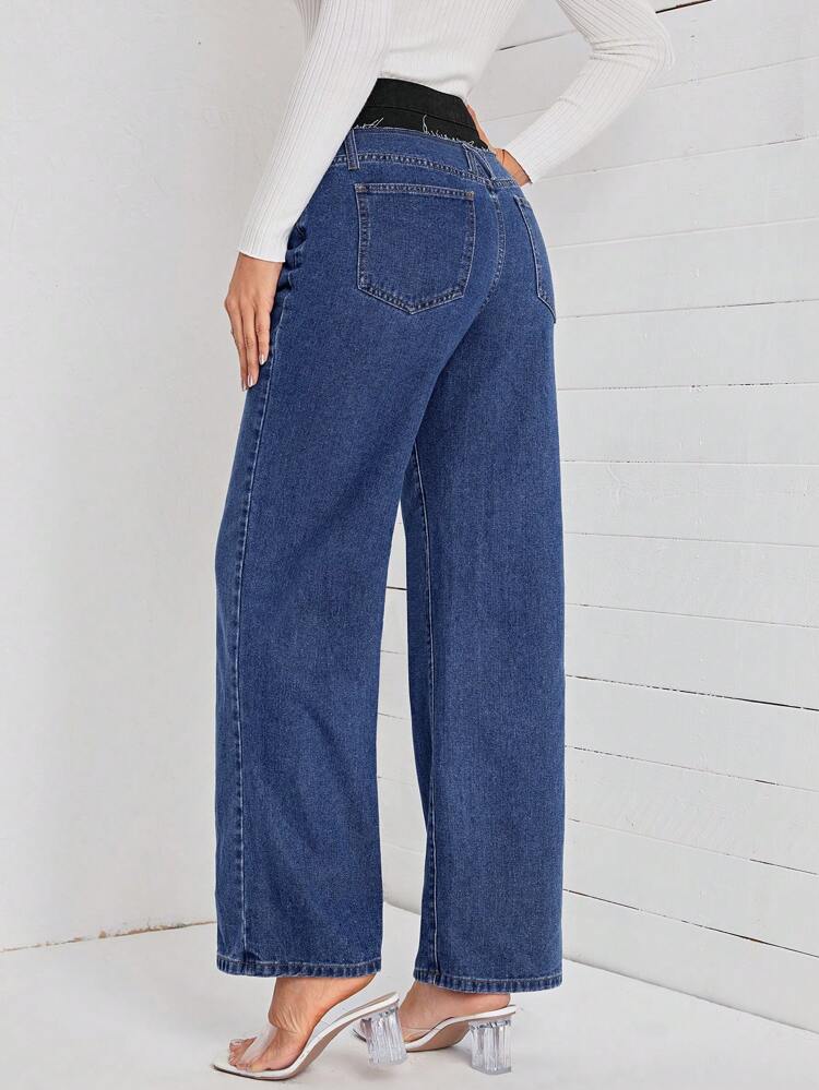 Contrast Waist Wide Leg Jeans