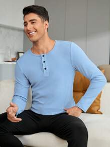 Men Half Button Thermal Underwear Top - Blue - View 3