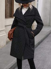 SHEIN Clasi Waterfall Collar Slant Pocket Belted Quilted Padded Coat Clothes Winter - Black - View 1