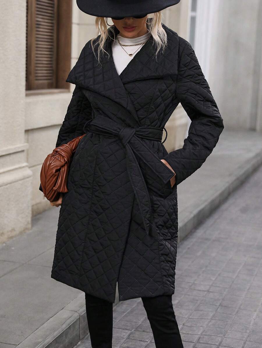 SHEIN Clasi Waterfall Collar Slant Pocket Belted Quilted Padded Coat Clothes Winter - Black - View 1