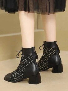 2022 年春秋季新款保暖内衬踝靴女式中跟系带靴，百搭 - 黑色 - 查看 5