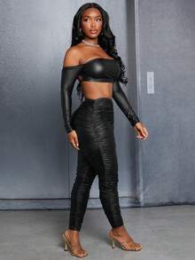 Slaydiva Women's Sexy Backless Strap Off Shoulder Long Sleeve Top And Skinny Pants, Black Pu Coated 2pcs Outfit - Black - View 6