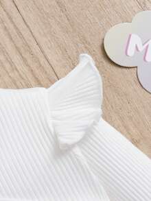 SHEIN 女嬰荷葉邊條紋針織T恤 - 白色 - 查看 3