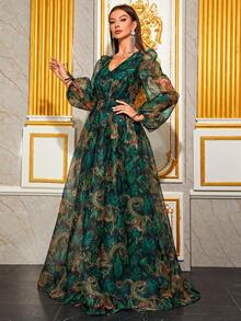 YISIKADO Allover Print Lantern Sleeve Chiffon Dress Elegant Long Sleeve Formal Evening Prom Wedding Guest Gown, For Graduation, Dinner - Multicolor - View 5