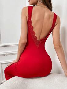 SHEIN Privé Ren tương phản Không lưng Váy bodycon - Đỏ - Xem 1