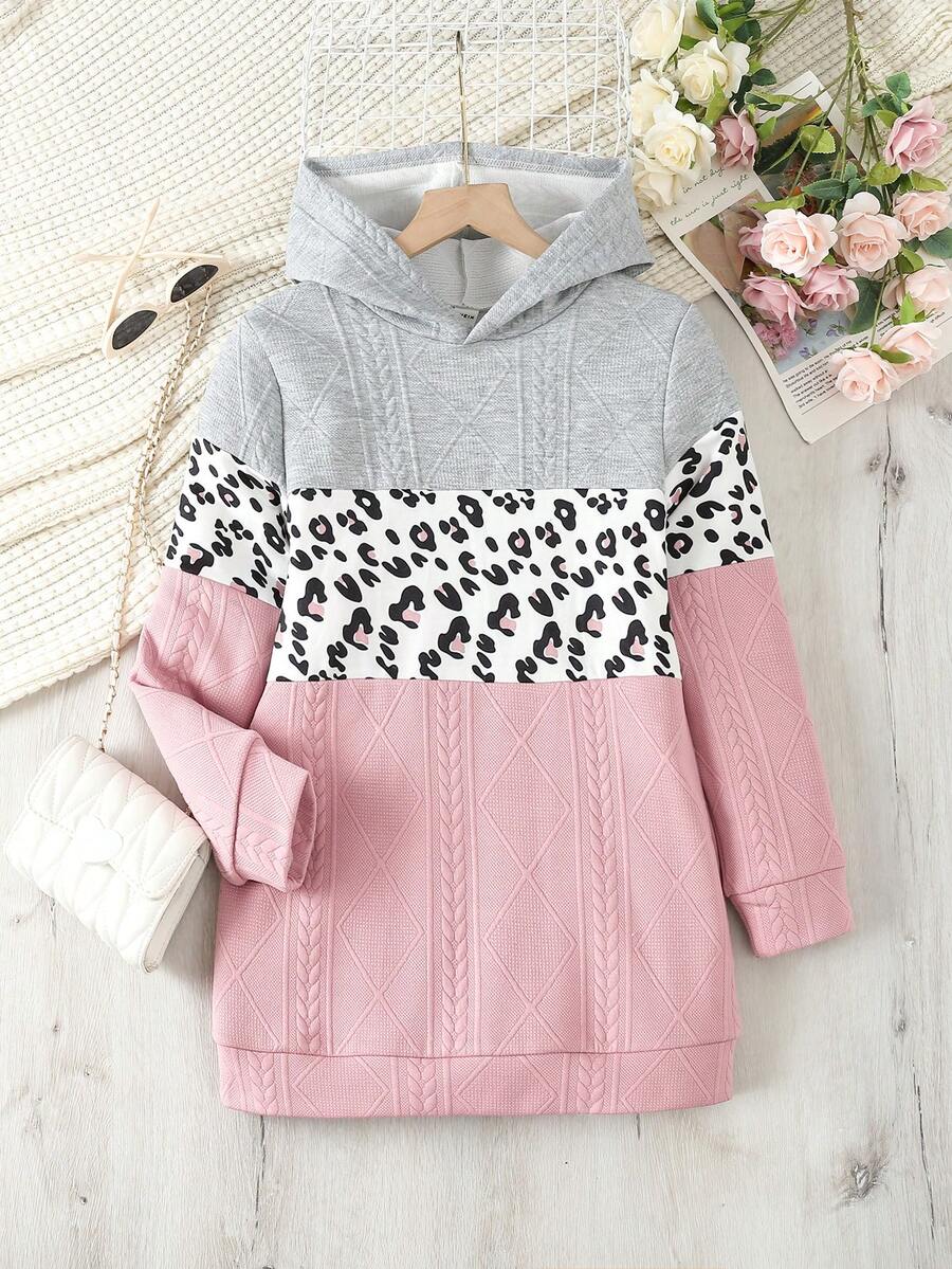 SHEIN 女大童豹紋印花撞色連帽衛衣裙 - 彩色 - 查看 1