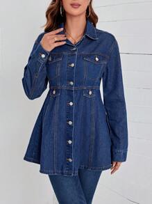 EMERY ROSE 翻蓋口袋前紐扣牛仔外套 - 深色水洗藍 - 查看 5