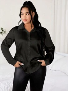 Celure Plus Solid Button Front Satin Shirt - Black - View 5