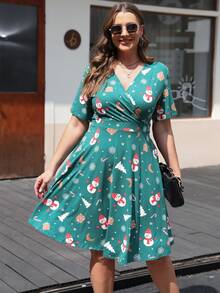 AAmilife 大碼聖誕圖案交疊領洋裝 - 綠色 - 查看 6