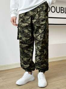 GENTILAND 男士迷彩印花側翻蓋口袋工裝褲 - 軍綠色 - 查看 2