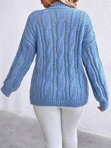 SHEIN Clasi 大碼麻花編織落肩袖套頭毛衣 - 藍色 - 查看 2