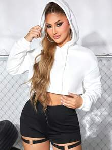 SHEIN SXY Solid Drop Shoulder Drawstring Crop Hoodie - Grey - View 4