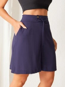 SHEIN 斜口袋闊腿短褲 - 藏蓝色 - 查看 2