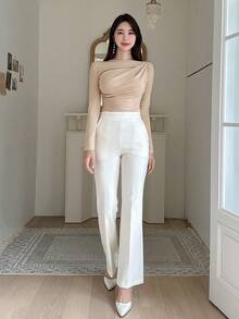 DAZY 纯色褶皱前短款长袖女式上衣 - 卡其色 - 查看 6