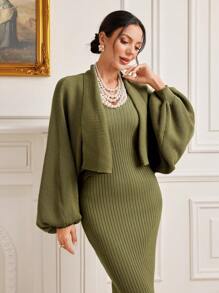 Modelyn Fringe Hem Lantern Sleeve Cardigan & Sweater Dress 2 Piece Set - Army Green - View 6