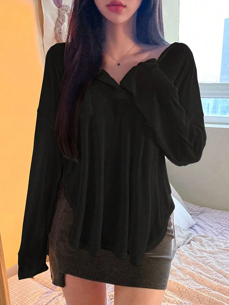 Solid Curved Hem Button Front Tee Long Sleeve Women Tops