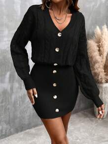 SHEIN Clasi 麻花編織落肩袖前排扣麻花編織毛衣洋裝 - 黑色 - 查看 6