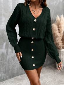 SHEIN Clasi 麻花編織落肩袖前紐扣毛衣洋裝 - 墨綠色 - 查看 6