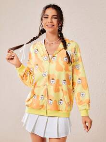 SHEIN EZwear 小熊圖案落肩袖拉鏈連帽衫 - 卡其色 - 查看 4