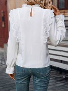 SHEIN Frenchy Ren tương phản Viền Ruffle tay áo lá sen Áo sơ mi - trắng - Xem 2