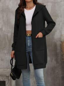 SHEIN LUNE 纯色拉链连帽运动衫，长袖上衣 - 黑色 - 查看 6