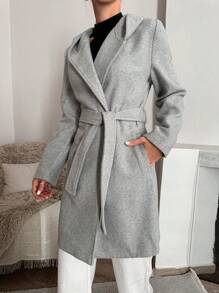 EURMUSE Hooded Woolen Coat With Side Pockets And Belt - Grey - View 2