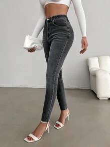 SHEIN Cottnline Washed Denim Skinny Jeans - Grey - View 3