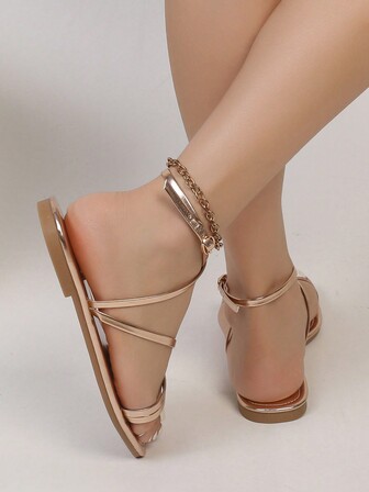 Women's Fashionable And Comfortable Cross Design Sandals, Square Toe, Open Toe, Buckle Strap Ankle Strap, Flat Sandals For Spring/summer