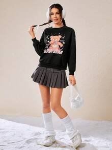 SHEIN EZwear 熊和標語圖案落肩袖運動衫 - 黑色 - 查看 5