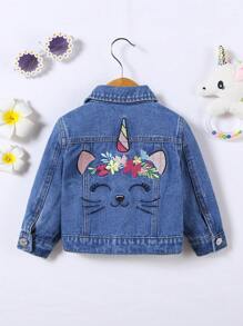 女嬰卡通圖案牛仔夾克 - 中等水洗藍 - 查看 1
