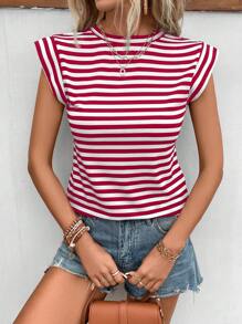 SHEIN Frenchy 條紋印花罩袖T恤 - 紅色 - 查看 1
