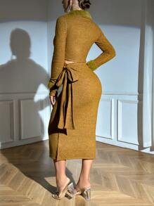 Zolique ribete lanudo Jersey crop & Falda de punto - Caqui - Ver 2