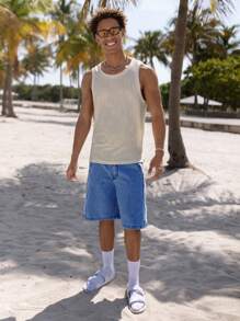 SHEIN Manfinity Hypemode Men Slant Pocket Bermuda Denim Shorts - Dark Wash - View 3