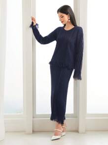 Seusyu Fringe Trim Drop Shoulder Sweater & Knit Skirt - Royal Blue - View 3