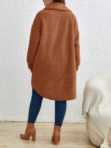 SHEIN Frenchy Hơn Chi tiết về Flap Thả vai Áo khoác Teddy - màu nâu - Xem 2