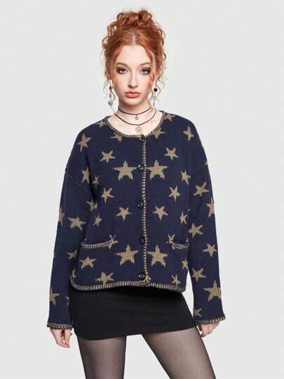 ROMWE Hippie Star Pattern Drop Shoulder Cardigan, School,Ladies Late Fall Casual Button,Pocket Drop Shoulder Round Neck Regular Fit Navy Blue All Over Print,Geometric Women Cardigans,Casual Daily Wear