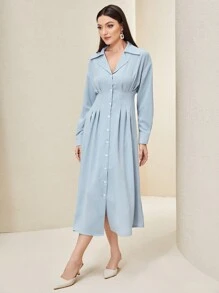 Mulvari 西裝領前紐扣襯衫洋裝附緊身胸衣 - 水鴨藍 - 查看 4