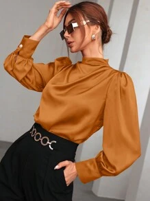 Modelyn 素色小高領燈籠袖緞面襯衫 - 橘色 - 查看 4