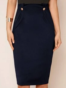 SHEIN Clasi 紐扣細節鉛筆裙 - 藏蓝色 - 查看 4